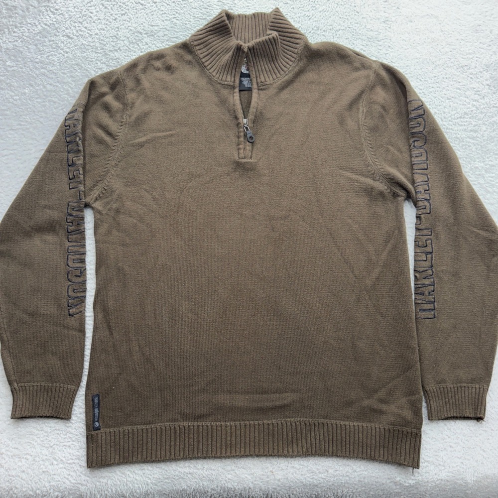 Harley-Davidson Mens Brown Cotton Quarter Zip Sweater Sleeve Embroidery Large
